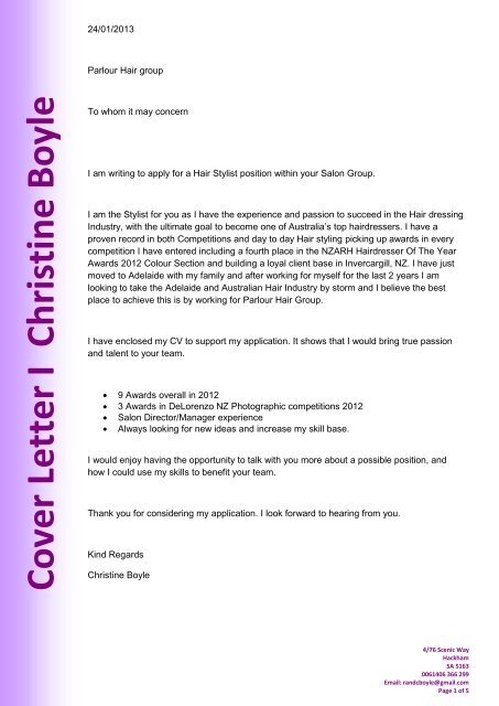 Cover Letter I Christine Boyle Parlour Hair Group
