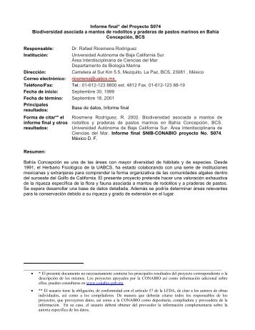 Informe final* del Proyecto S074 Biodiversidad asociada ... - Conabio