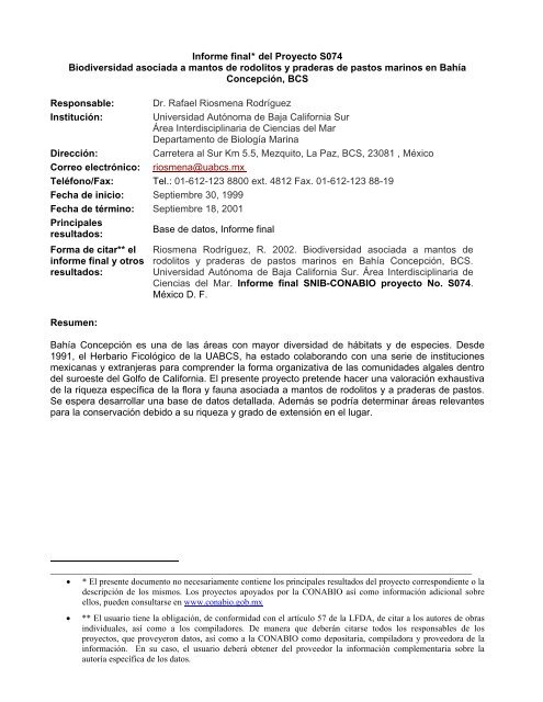 Informe final* del Proyecto S074 Biodiversidad asociada ... - Conabio