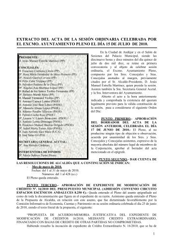 extracto acta pleno ordinario 15 julio 2010 - Ayuntamiento de Andújar