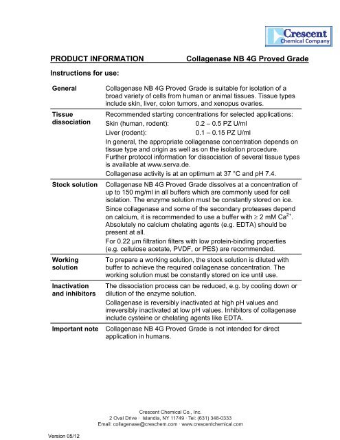 Collagenase NB4G Proved Grade Product Information - Crescent ...