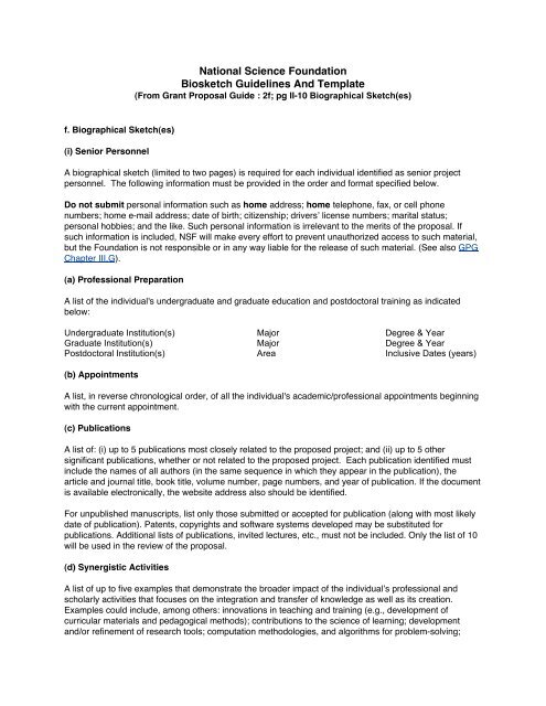 NSF Biosketch Guidelines And Template Santa Fe Institute