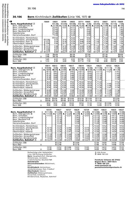 Bern–Kirchlindach–Zollikofen (Linie 106, 107) - Fahrplanfelder