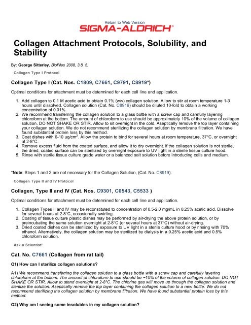 Collagen Attachment Protocols, Solubility, and ... - Sigma-Aldrich