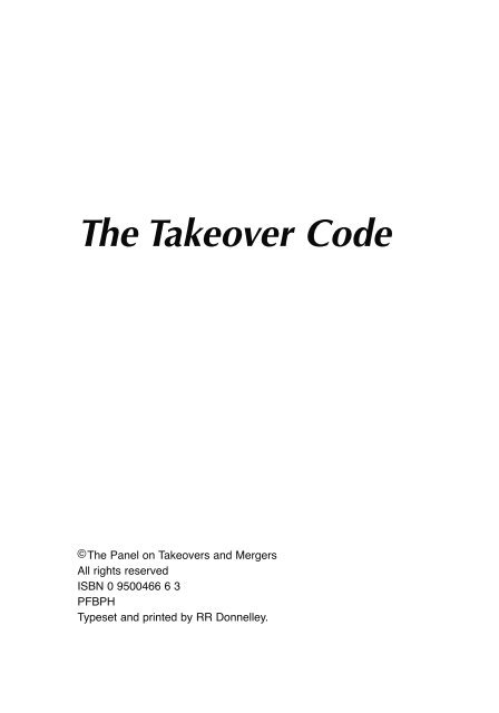 The Takeover Code - Ninth edition - Better Regulation Ltd