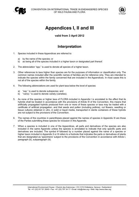 CITES Appendices I, II and III valid from 3 April 2012