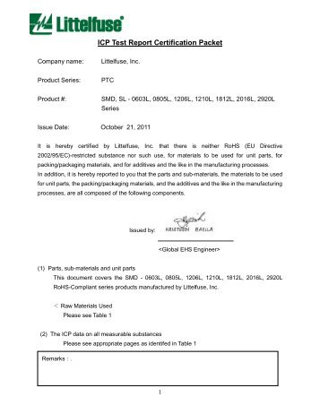 Certificate of non-use for examining part - Littelfuse