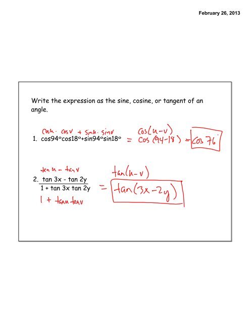 5.3 Sum and Difference Formulas sin(u+v)= sinu cosv + cosu sinv ...