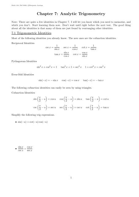 Chapter 7: Analytic Trigonometry