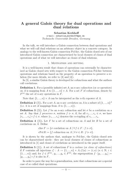 A general Galois theory for dual operations and dual relations