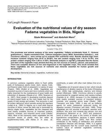 Evaluation of the nutritional values of dry season Fadama ...