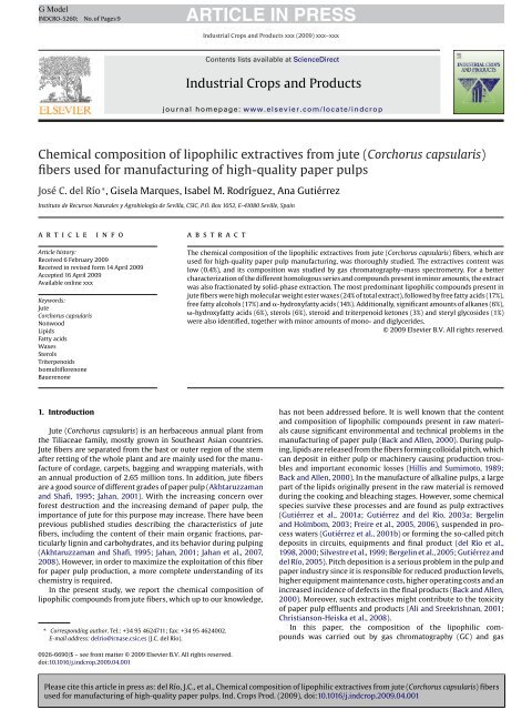 Chemical composition of lipophilic extractives from jute (Corchorus ...