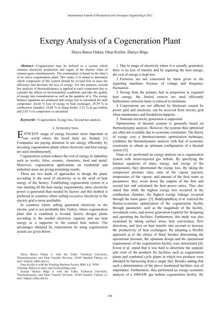 Exergy Analysis of a Cogeneration Plant - World Academy of ...