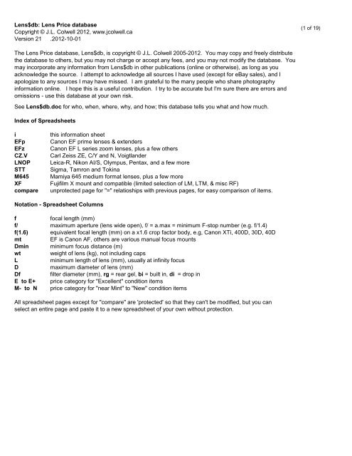 Lens$db: Lens Price database Copyright © J.L. Colwell 2012, www ...