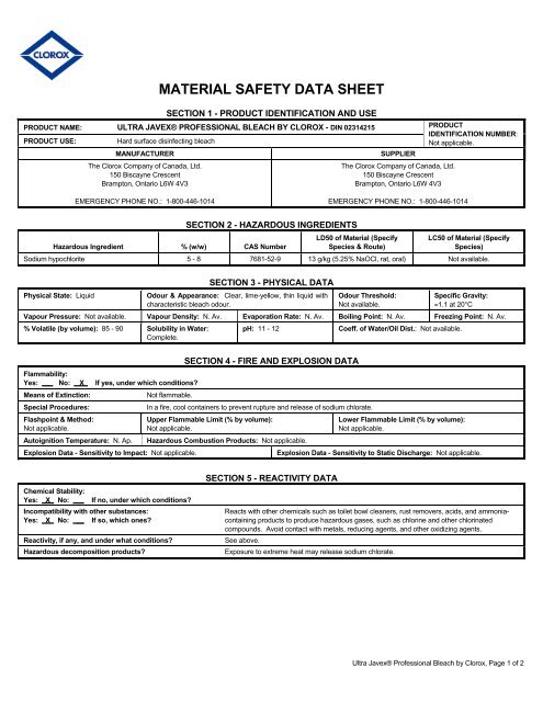 The Clorox Company Of Canada Ltd Msds