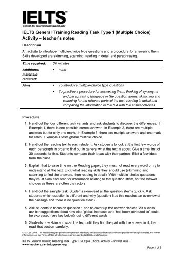 IELTS General Training Reading Task Type 1 (Multiple Choice ...