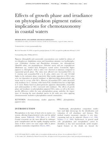 Effects of growth phase and irradiance on phytoplankton pigment ...