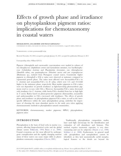 Effects of growth phase and irradiance on phytoplankton pigment ...