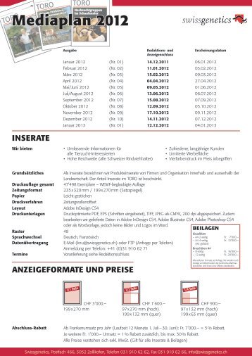 INSERATE ANZEIGEFORMATE UND PREISE - Swissgenetics