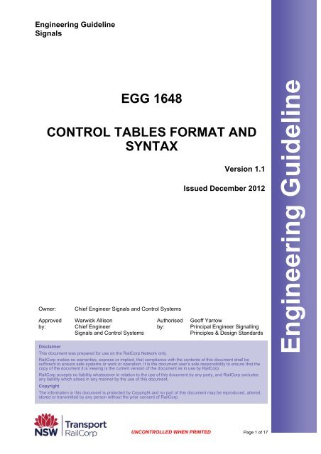Control Tables Format and Syntax - RailCorp Engineering Internet