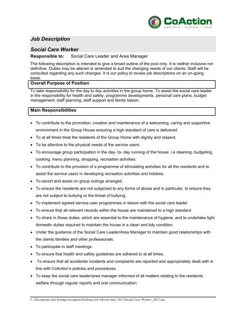 Job Description Social Care Worker CoAction