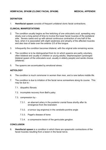 HEMIFACIAL SPASM (CLONIC FACIAL SPASM) MEDICAL ...