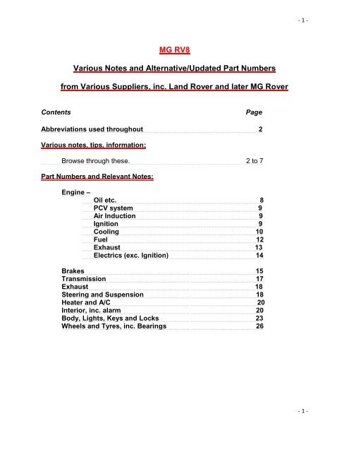 MG RV8 Various Notes and Alternative/Updated Part ... - The Burblers