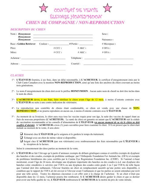 Contrat élevage Honeymoon