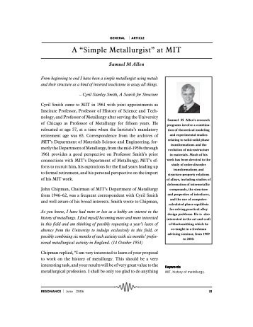 A “Simple Metallurgist” at MIT