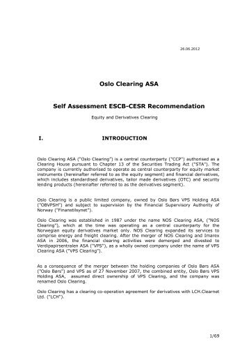 Oslo Clearing ASA Self Assessment ESCB-CESR Recommendation