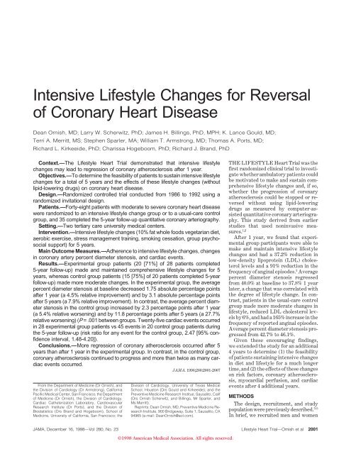 Intensive Life Style Modification Intensive Lifestyle Changes for Reversal of Coronary Heart Disease