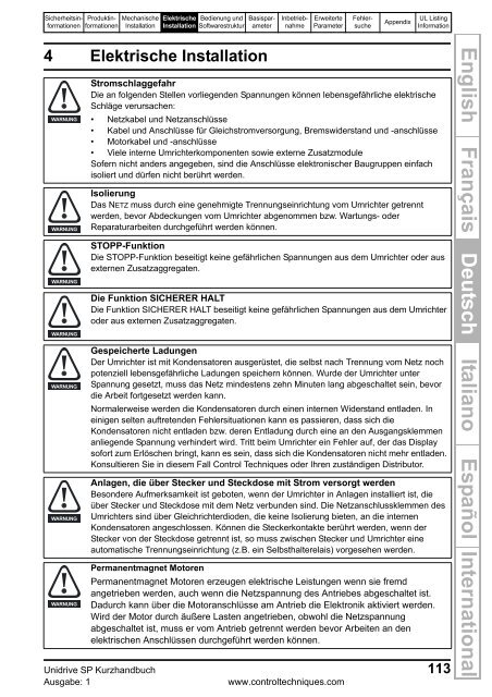 Kurzanleitung Unidrive SP