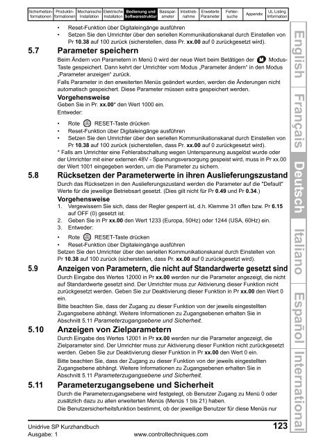 Kurzanleitung Unidrive SP