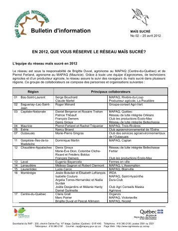 Bulletin d'information No 02 - 25 avril 2012 - Agri-Réseau