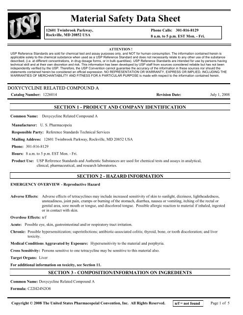 Material Safety Data Sheet - US Pharmacopeial Convention
