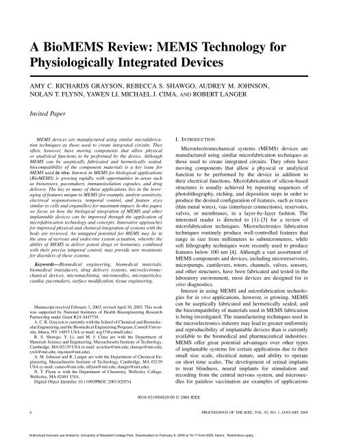 A BioMEMS Review: MEMS Technology for Physiologically - ECE ...