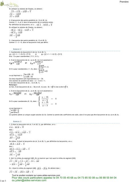 Première, 6 exercices corrigés sur les barycentres - Aides Services