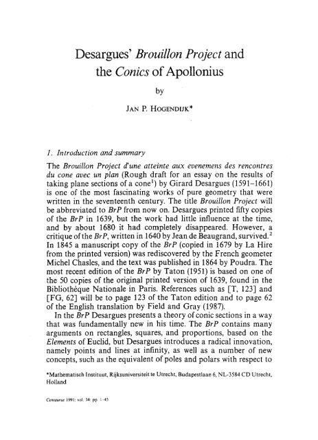 Desargues' Brouillon Project and the Conics of ... - J.P. Hogendijk