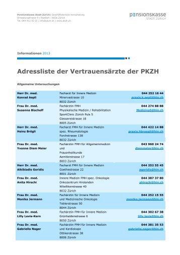 VA-Adressliste Vertrauensärzte - Pensionskasse Stadt Zürich