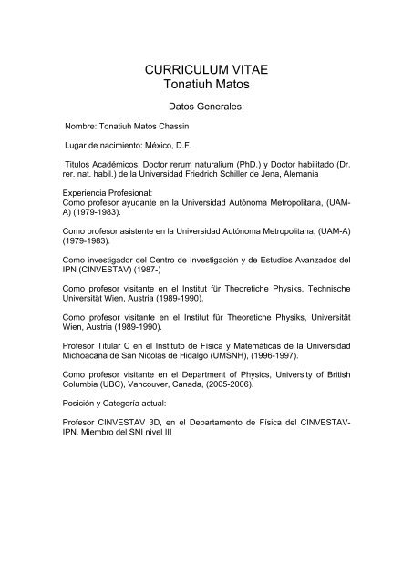 CURRICULUM VITAE Tonatiuh Matos - Instituto Avanzado de ...