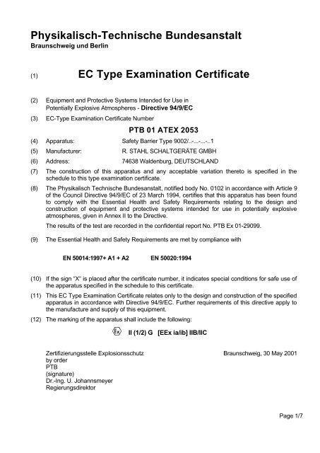 PTB 01 ATEX 2053 X - r. stahl