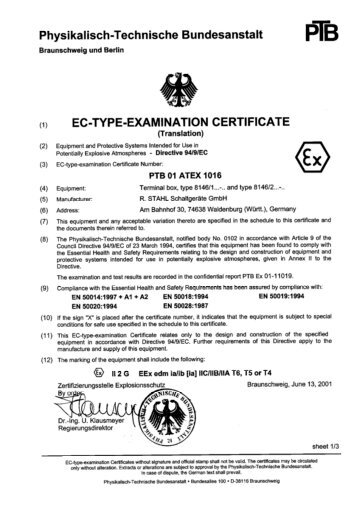 PTB 01 ATEX 1016 - r. stahl