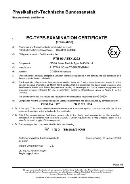 to EC-Type Examination Certificate PTB 99 ATEX 2222 - r. stahl