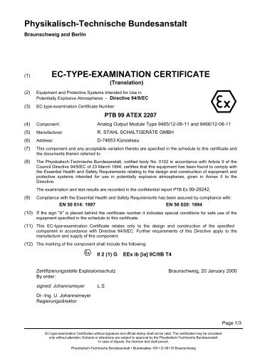 PTB 99 ATEX 2207 - R. Stahl