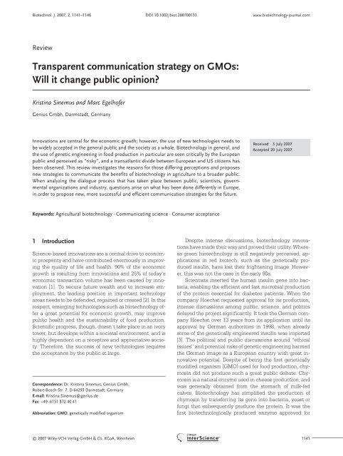 Transparent communication strategy on GMOs: Will it change public opinion?