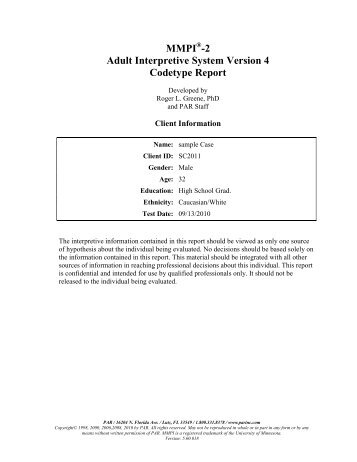 MMPI -2 Adult Interpretive System Version 4 Codetype Report - PAR
