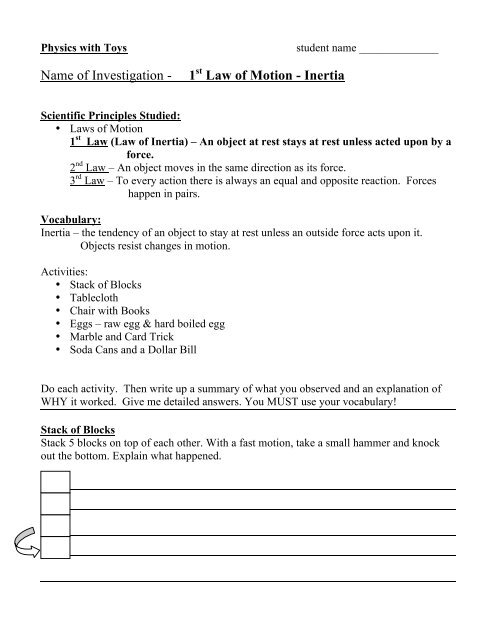 Name of Investigation - 1st Law of Motion - Inertia