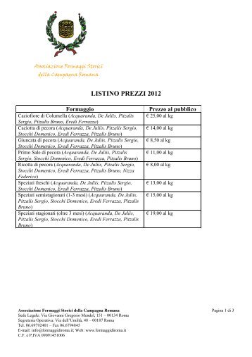 Listino prezzi al pubblico Associazione 2012 - Formaggi di Roma