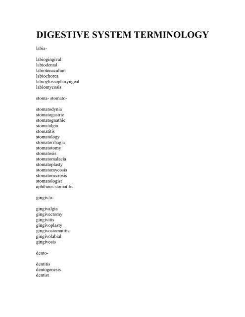 DIGESTIVE SYSTEM TERMINOLOGY