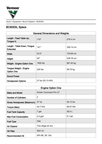 BC600XL Specs - Ben's Rental and Sales